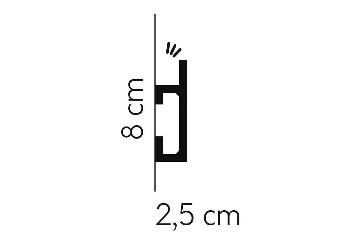 Graphic showing QL019P - Dado Rail's 8cm height and 2.5cm width