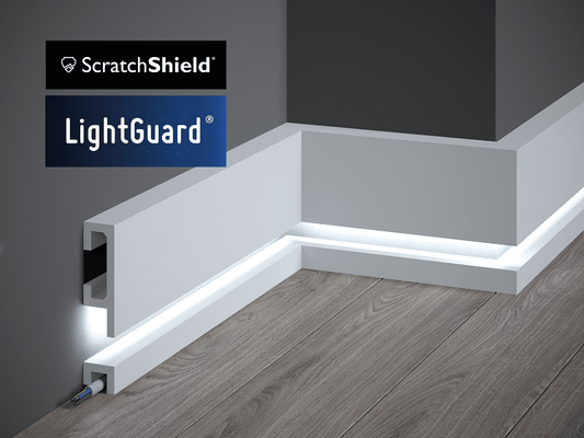 QL040P - Skirting Board with 'ScratchShield' and 'LightGuard' logos