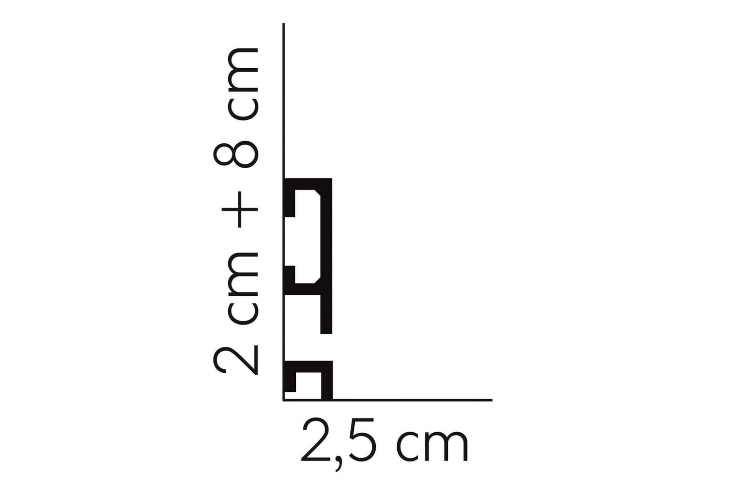 Graphic showing QL040P - Skirting Board's two pieces together is 2cm + 8cm in height and 2.5cm width