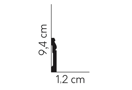 Graphic showing MD094P - Skirting Board's 9.4cm height and 1.2cm width