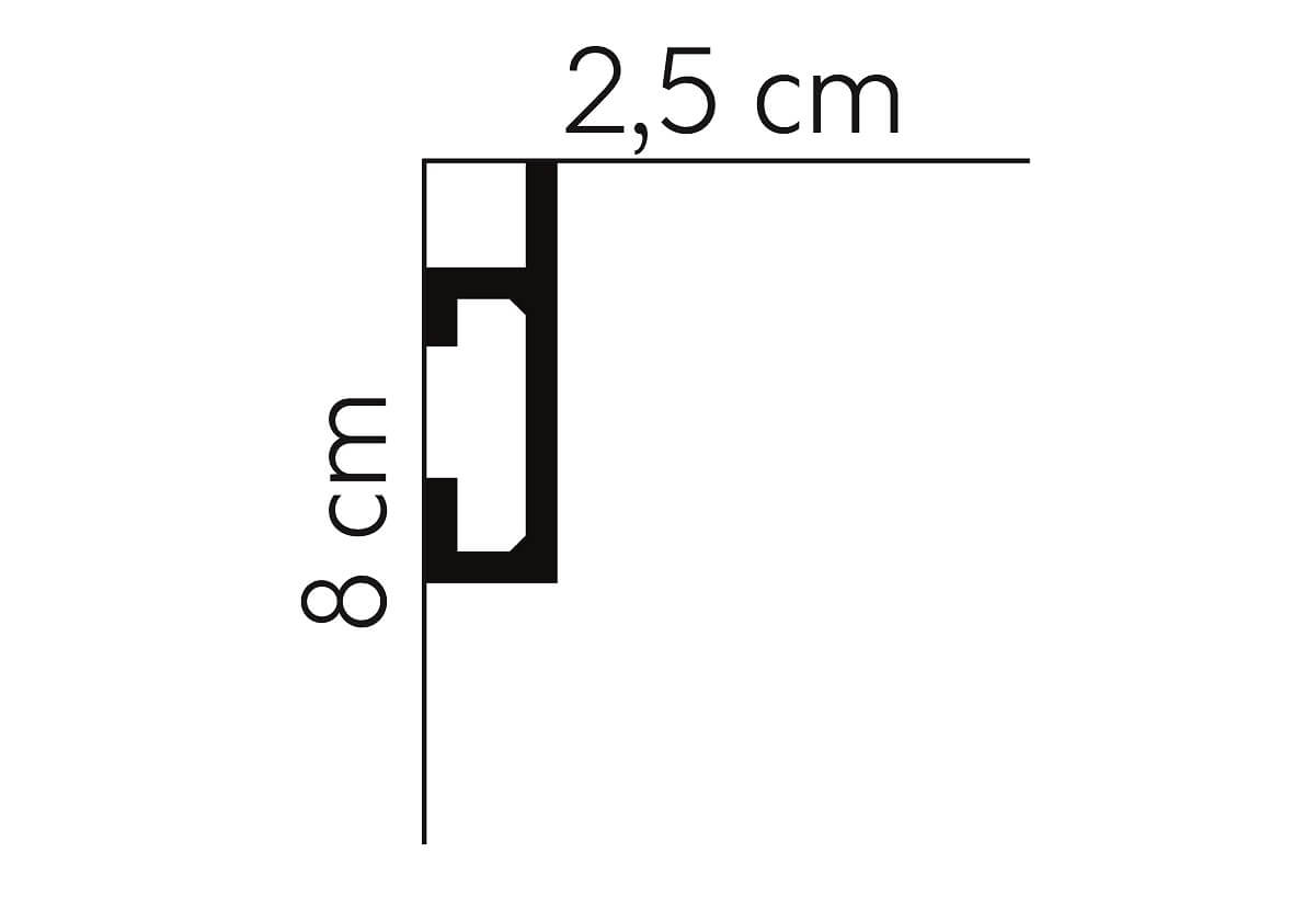 Graphic of QL019P Cove - Modern Coving's 8cm height and 2.5cm depth