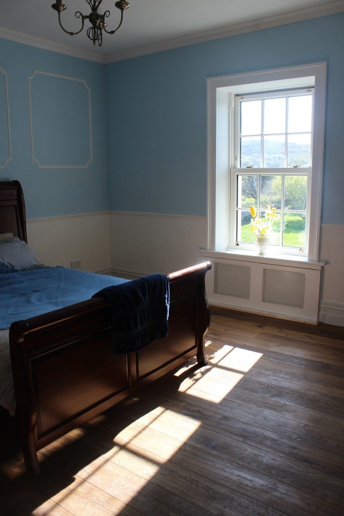 Dante - Dado Rail installed in a bedroom with a blue colour scheme