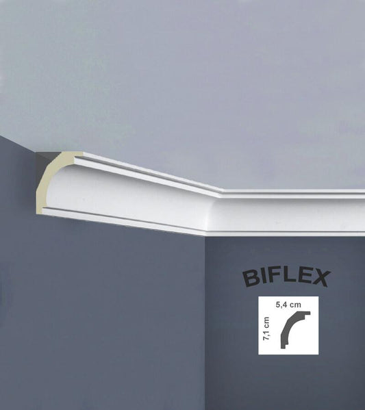 A graphic of C3016 (Flex) - Classic Coving showing it's 'Biflex' and has a 7.1cm height and 5.4cm depth