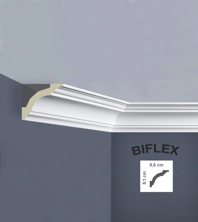 Graphic of Crown (Flex) - Classic Coving showing it's 'Biflex' and has a height of 8.1cm and depth 8.6cm