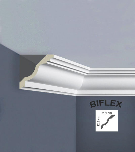 Graphic of Reverse Ogee (Flex) - Classic Coving showing it's 'Biflex' and has a height of 12.6cm and 11.1 cm depth