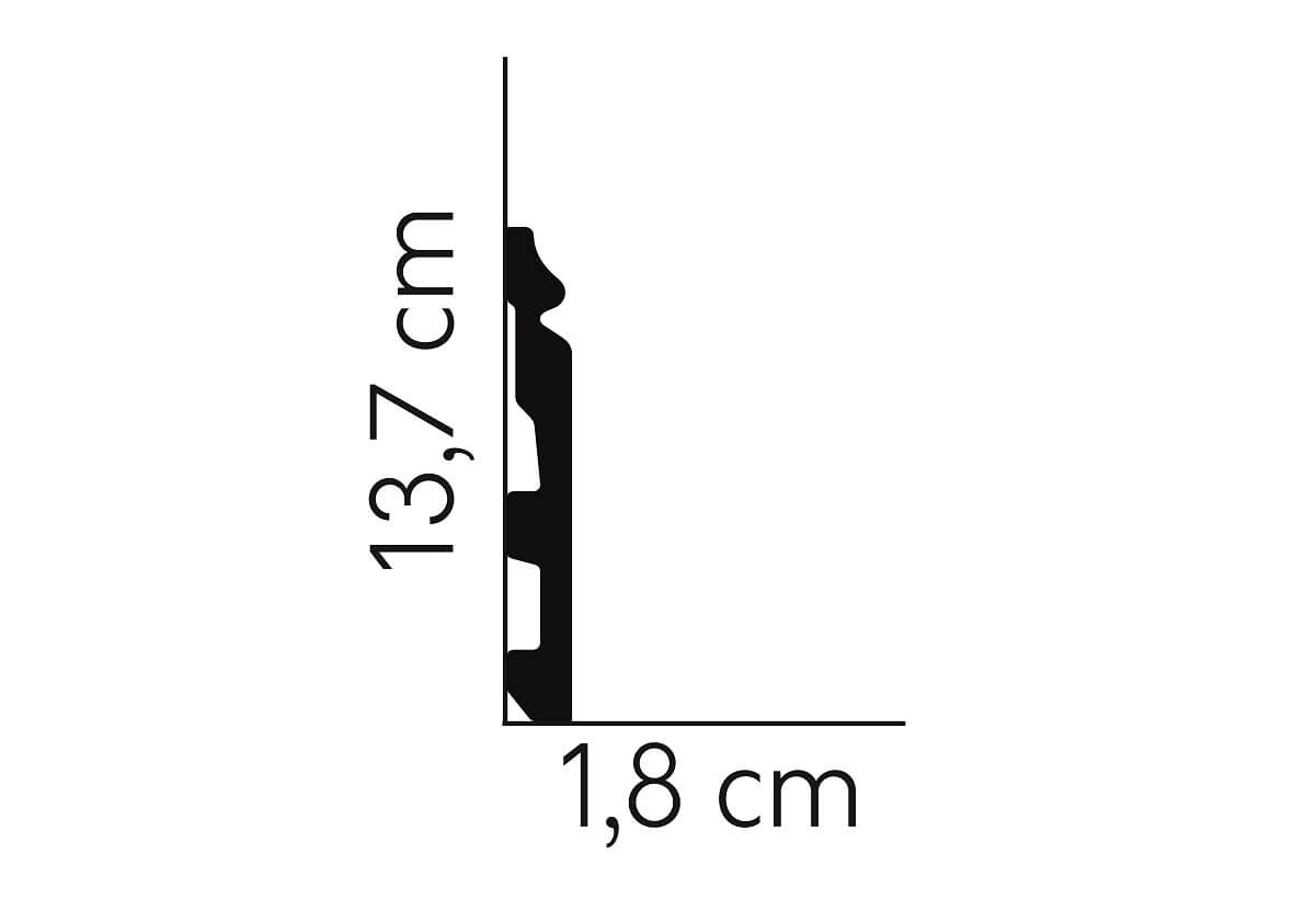 Graphic showing MD360P - Skirting Board's 13.7cm height and 1.8cm width