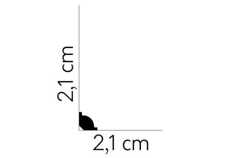 Graphic showing MD001P - Skirting Board's 2.1cm height and 2.1cm width