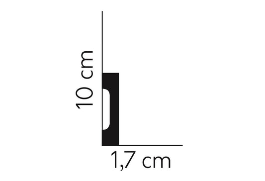 Graphic showing MD009P - Skirting Board's 10cm height and 1.7cm width