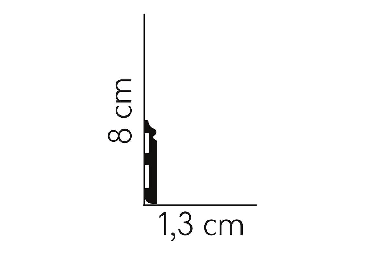 Graphic showing MD018P - Skirting Board's 8cm height and 1.3cm width