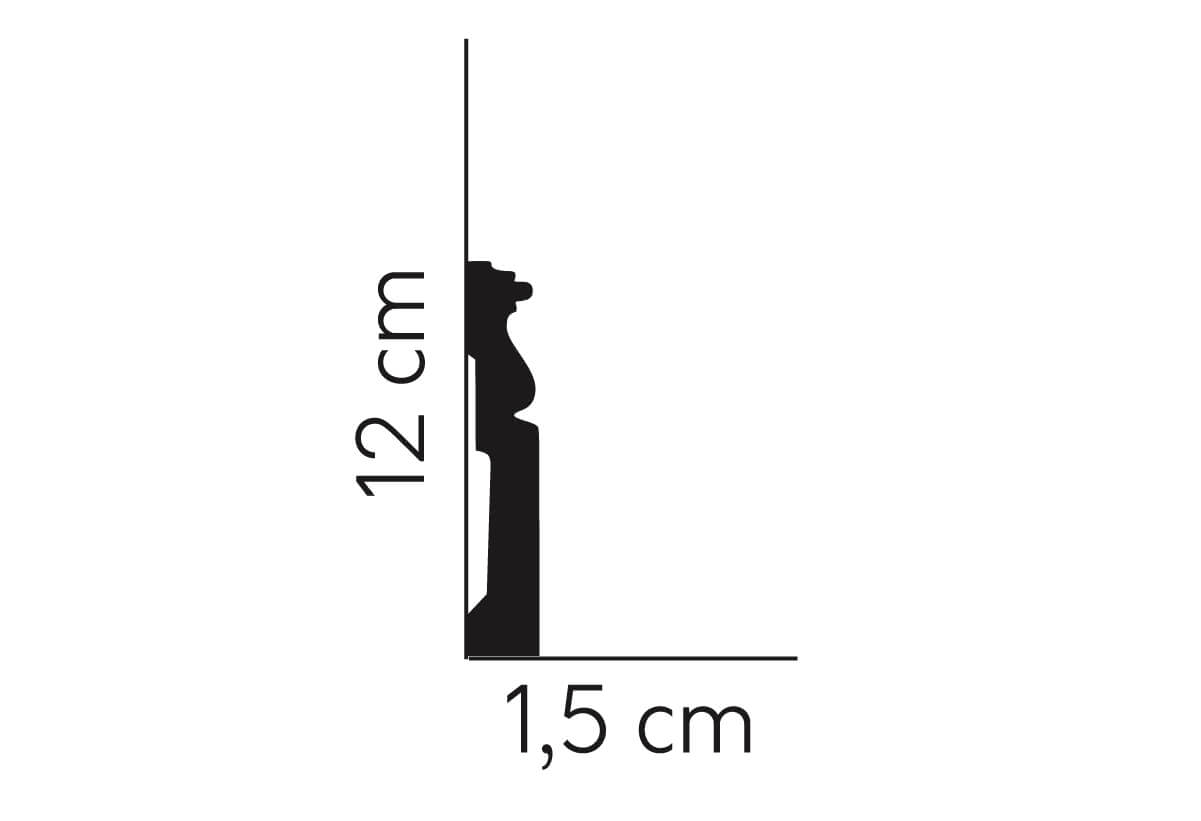 Graphic showing MD095P - Skirting Board's 12cm height and 1.5cm width