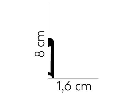 Graphic showing MD234P - Skirting Board's 8cm height and 1.6cm width
