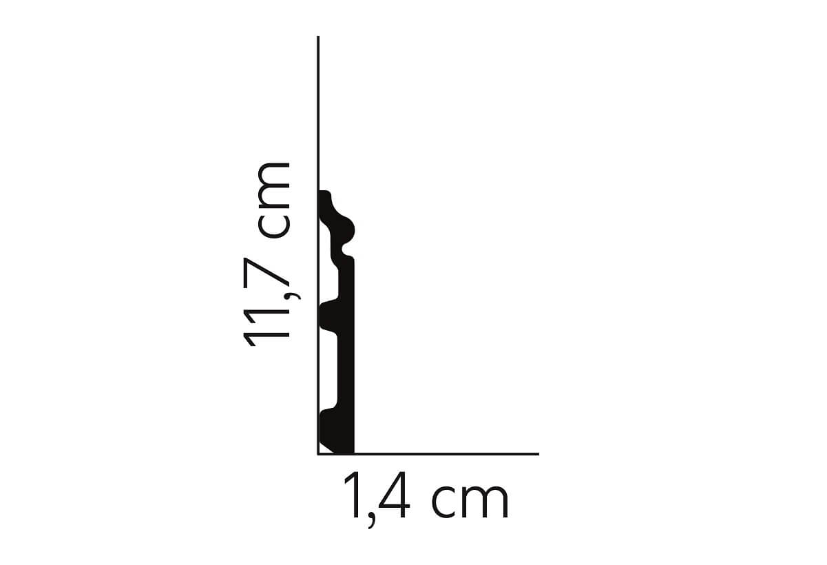 Graphic showing MD358P - Skirting Board's 11.7cm height and 1.4cm width
