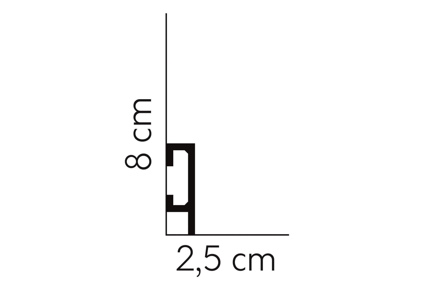 Graphic showing QL019P - Skirting Board's 8cm height and 2.5cm width