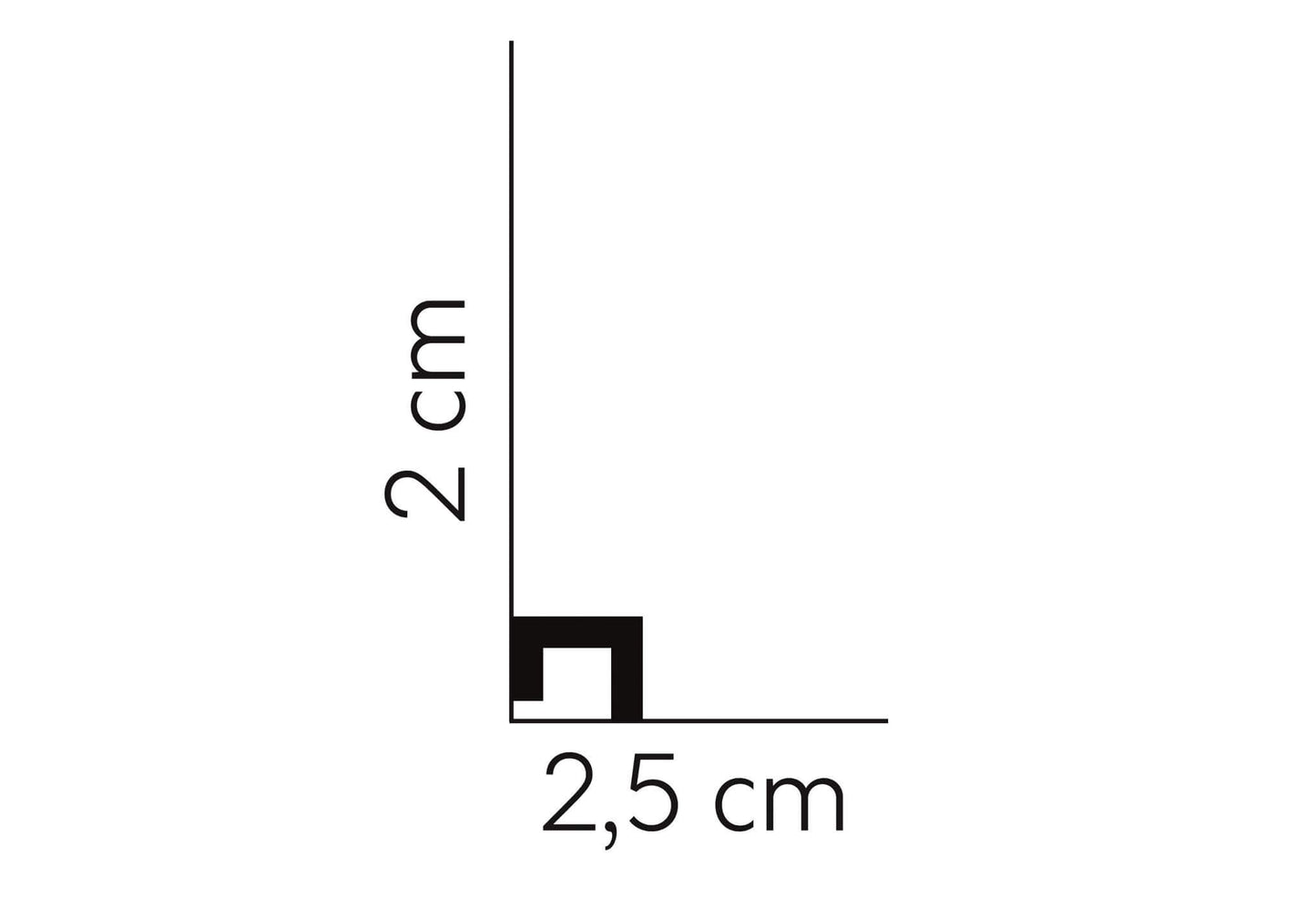 Graphic showing QL021P - Skirting Board's 2cm height and 2.5cm width